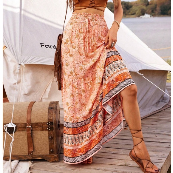 Boho Paisley Print Stretchy Waist Maxi Skirt - Picture 1 of 5